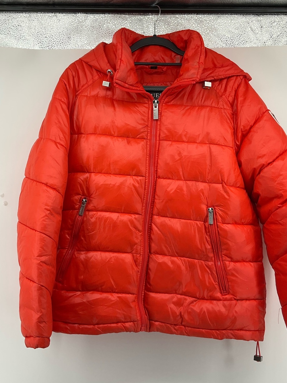 Guess Kids Bright Red Quilted Puffer Jacket with Hood